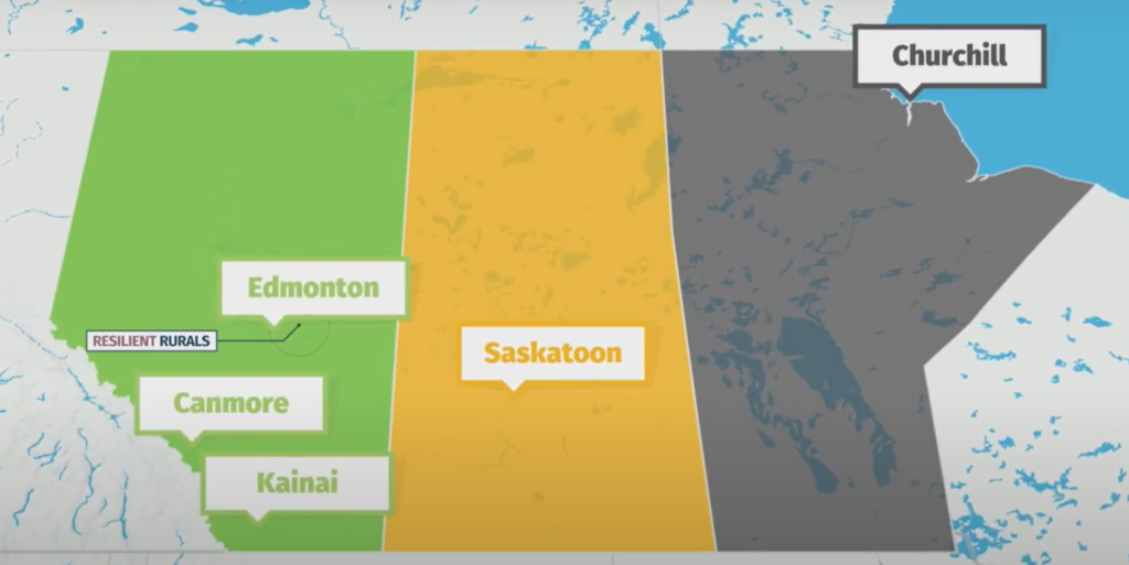 map of the prairies showing the location of Edmonton, Canmore, Kainai, Saskatoon, Churchill