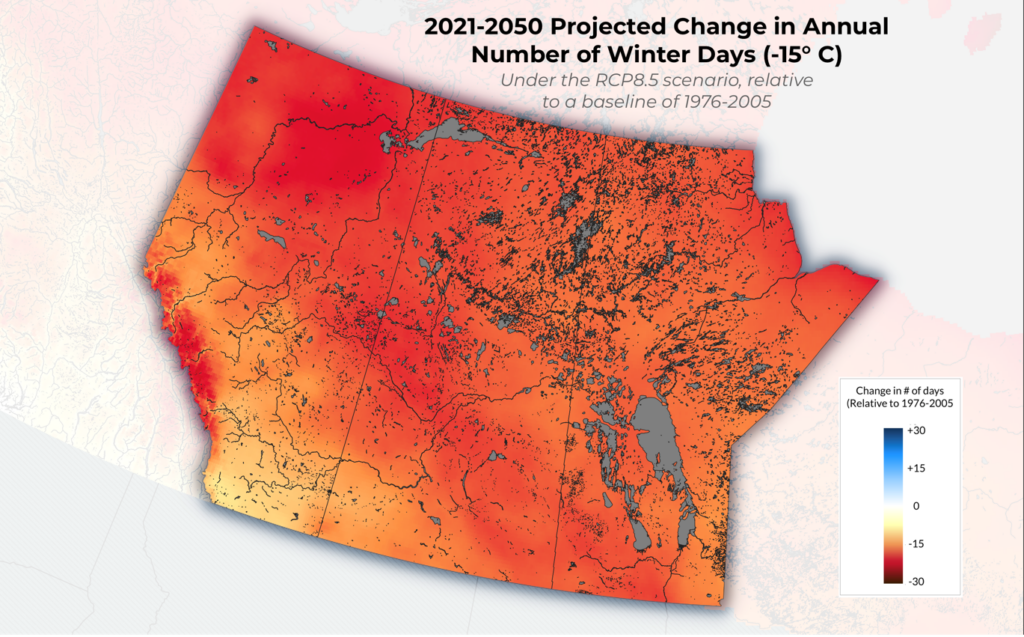 map showing the change in winter days above -15 C over the next 30 years